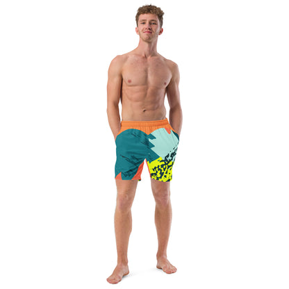 Recycled Swim Trunks FelinDesigns Multicolored Artistic Swimsuit with Geometric Pattern and Brush Strokes, Unique Urban Streetwear Design. - FelinDesign