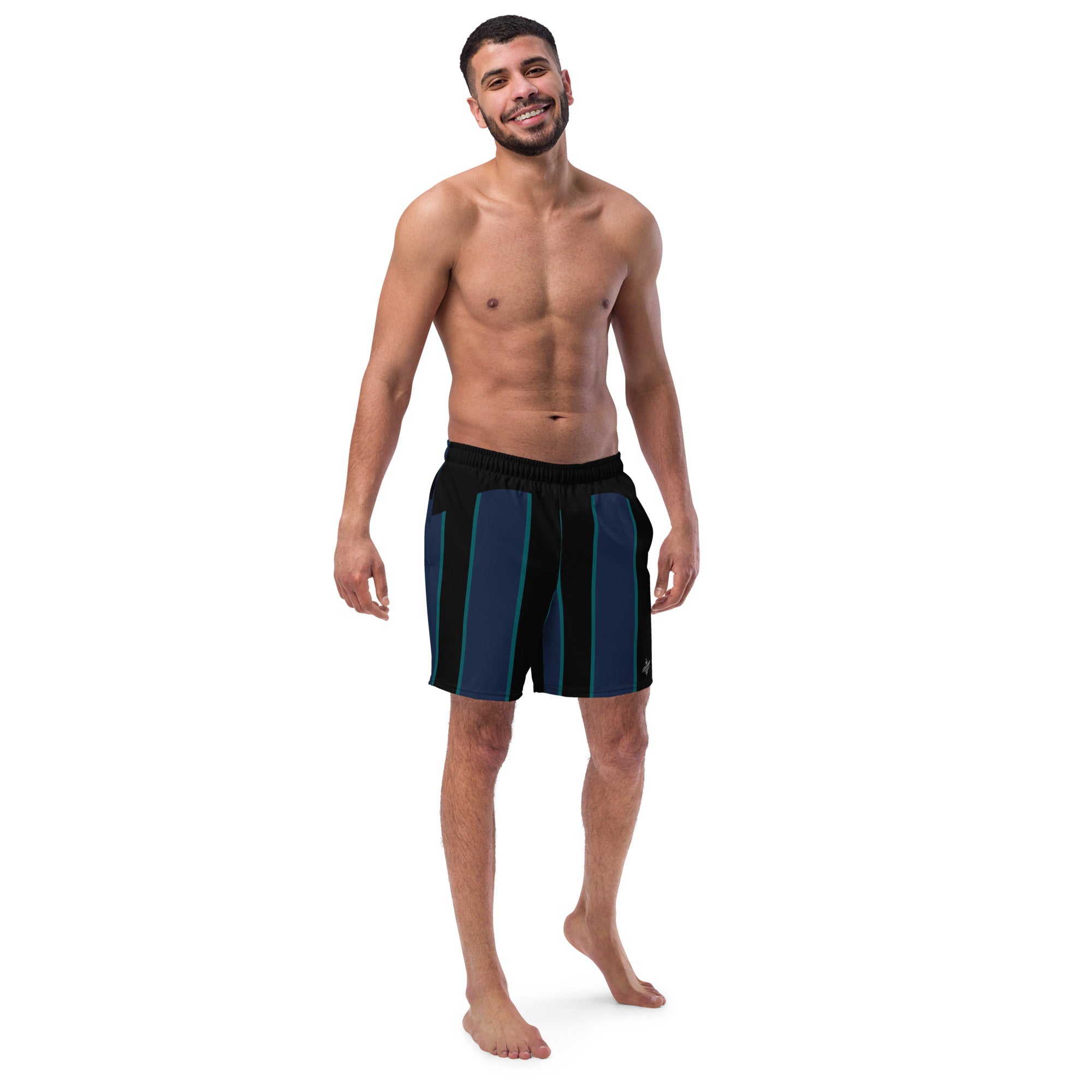 "Midnight Stripes" Swimsuit - Elegant Boardshorts with Teal and Blue Vertical Stripes - Minimal and Sporty Design. - FelinDesign