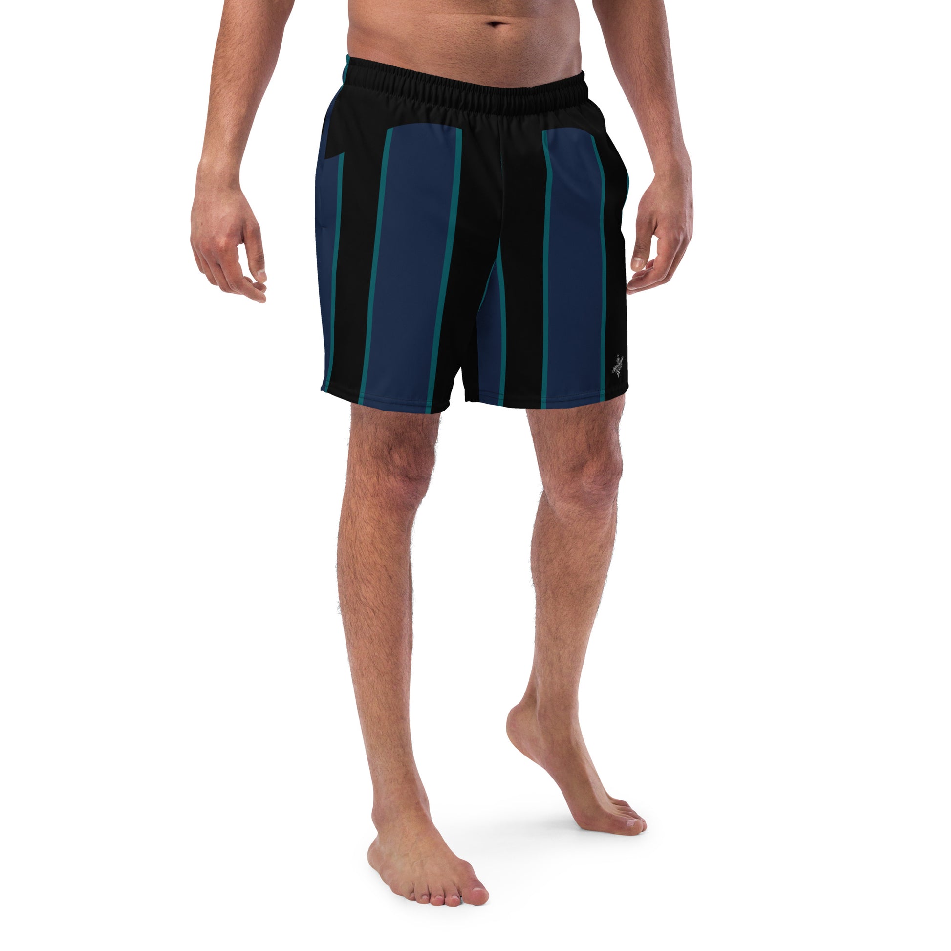 "Midnight Stripes" Swimsuit - Elegant Boardshorts with Teal and Blue Vertical Stripes - Minimal and Sporty Design. - FelinDesign
