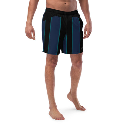 "Midnight Stripes" Swimsuit - Elegant Boardshorts with Teal and Blue Vertical Stripes - Minimal and Sporty Design. - FelinDesign