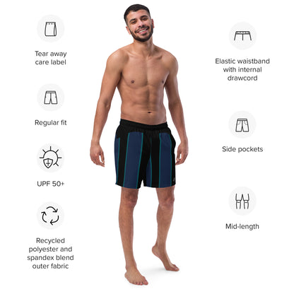 "Midnight Stripes" Swimsuit - Elegant Boardshorts with Teal and Blue Vertical Stripes - Minimal and Sporty Design. - FelinDesign