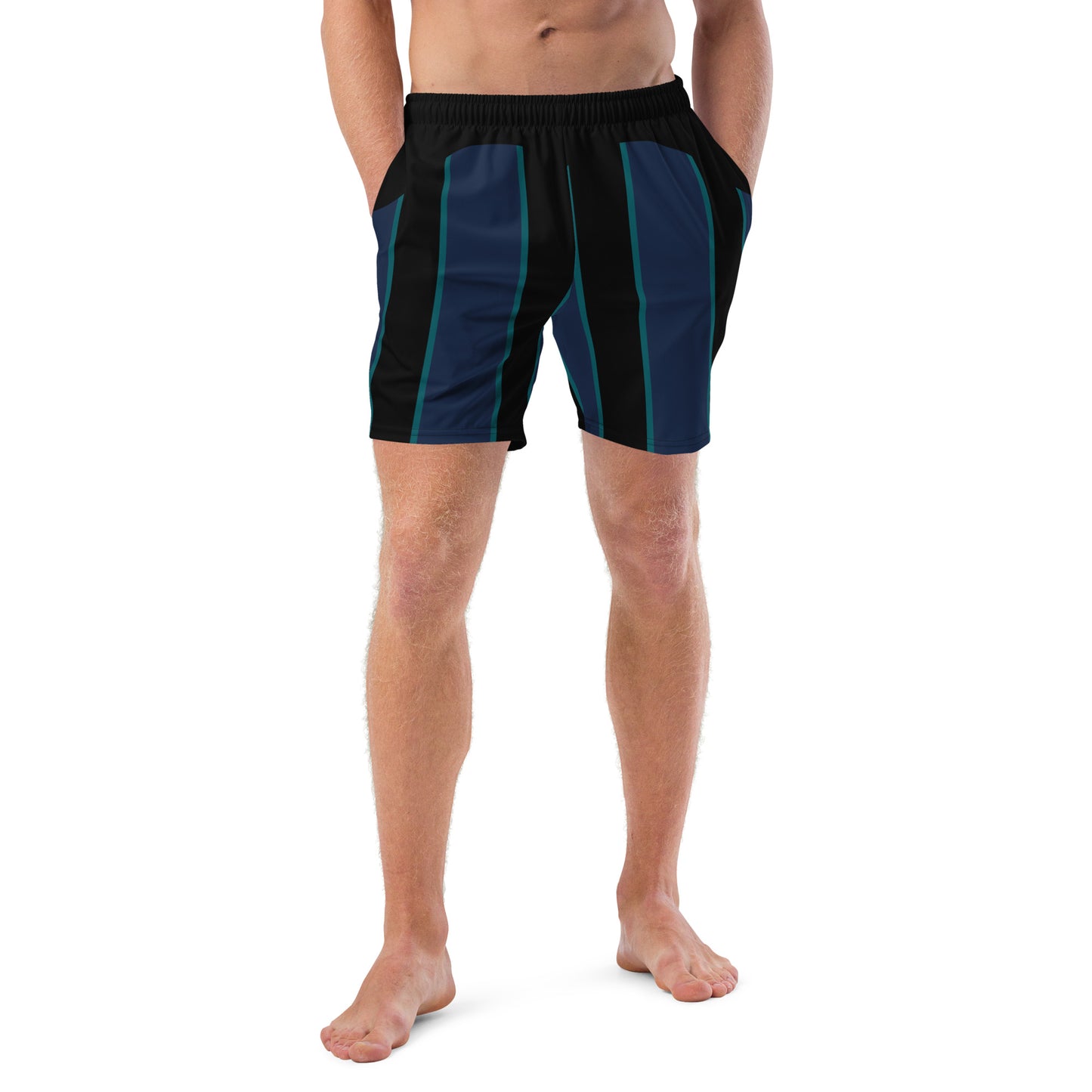 "Midnight Stripes" Swimsuit - Elegant Boardshorts with Teal and Blue Vertical Stripes - Minimal and Sporty Design. - FelinDesign
