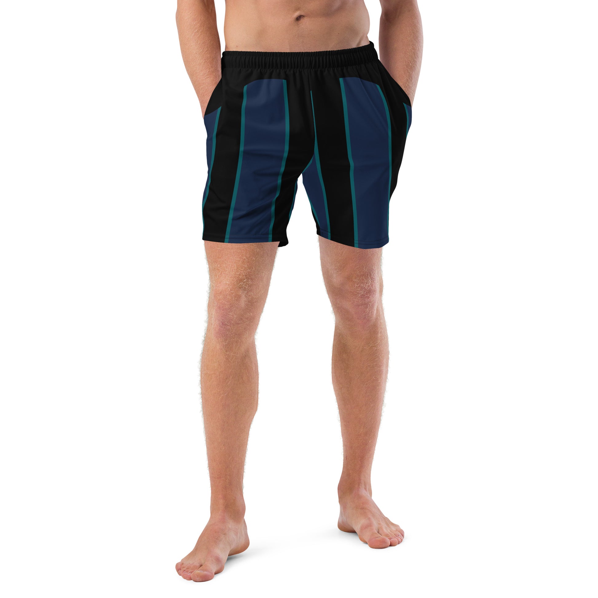 "Midnight Stripes" Swimsuit - Elegant Boardshorts with Teal and Blue Vertical Stripes - Minimal and Sporty Design. - FelinDesign