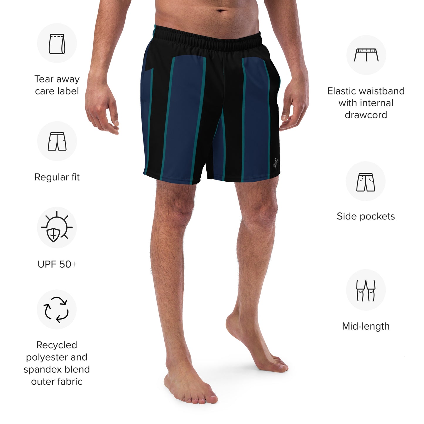 "Midnight Stripes" Swimsuit - Elegant Boardshorts with Teal and Blue Vertical Stripes - Minimal and Sporty Design. - FelinDesign