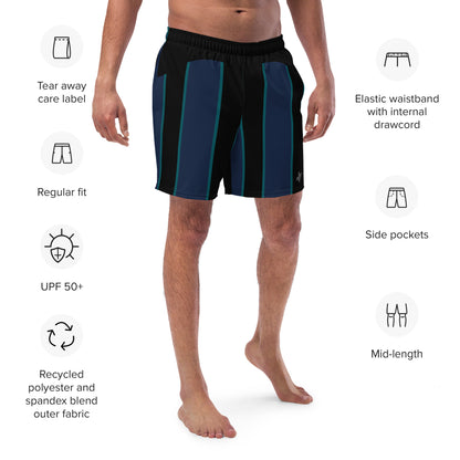 "Midnight Stripes" Swimsuit - Elegant Boardshorts with Teal and Blue Vertical Stripes - Minimal and Sporty Design. - FelinDesign