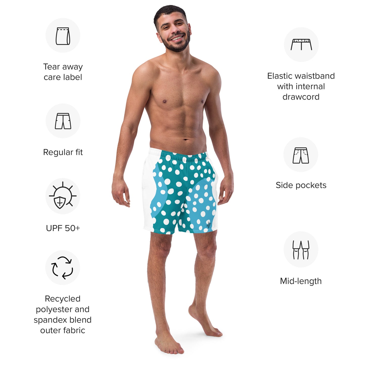 Recycled Swim Trunks "Aqua Dots"Turquoise with white dots FelinDesign - FelinDesign