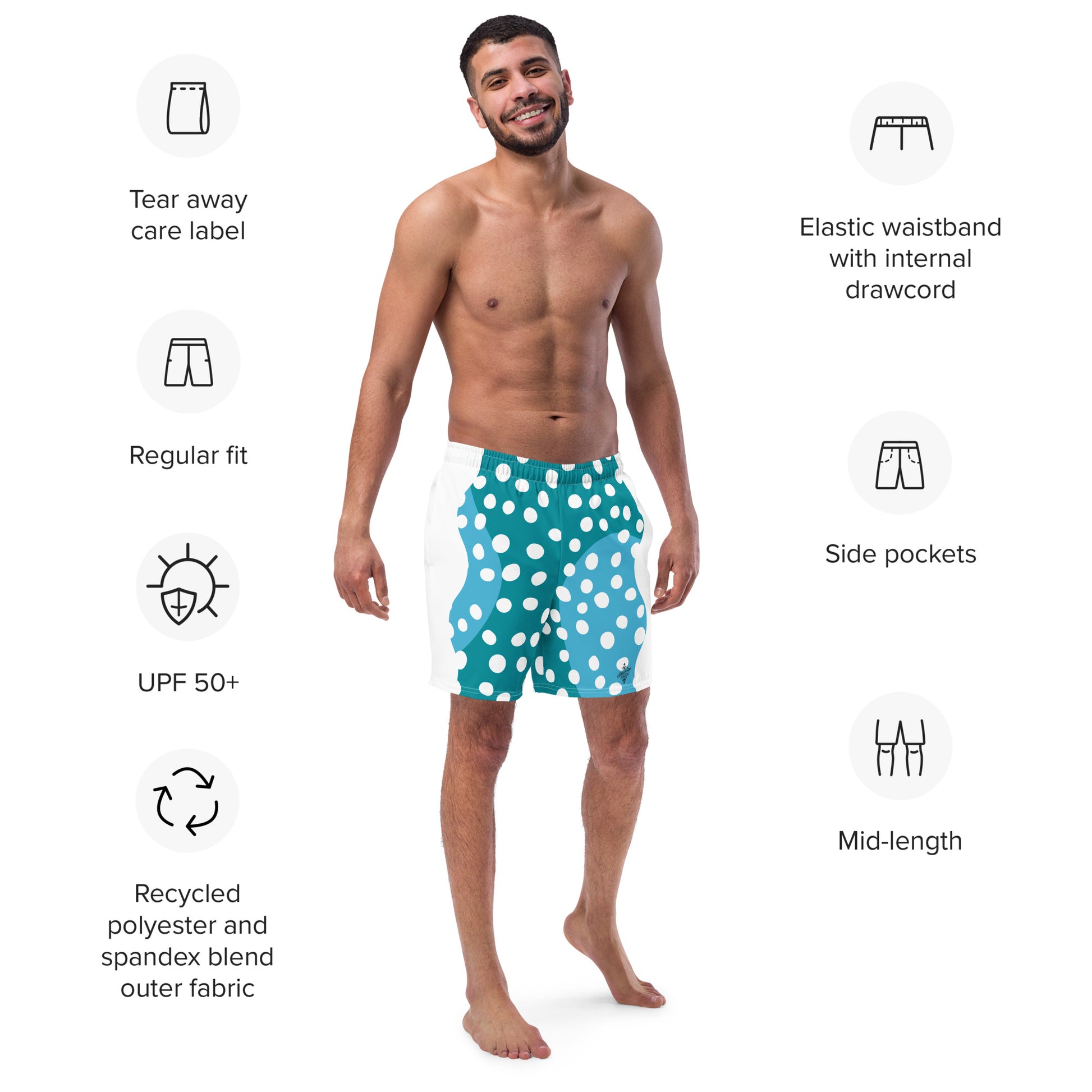 Recycled Swim Trunks "Aqua Dots"Turquoise with white dots FelinDesign - FelinDesign