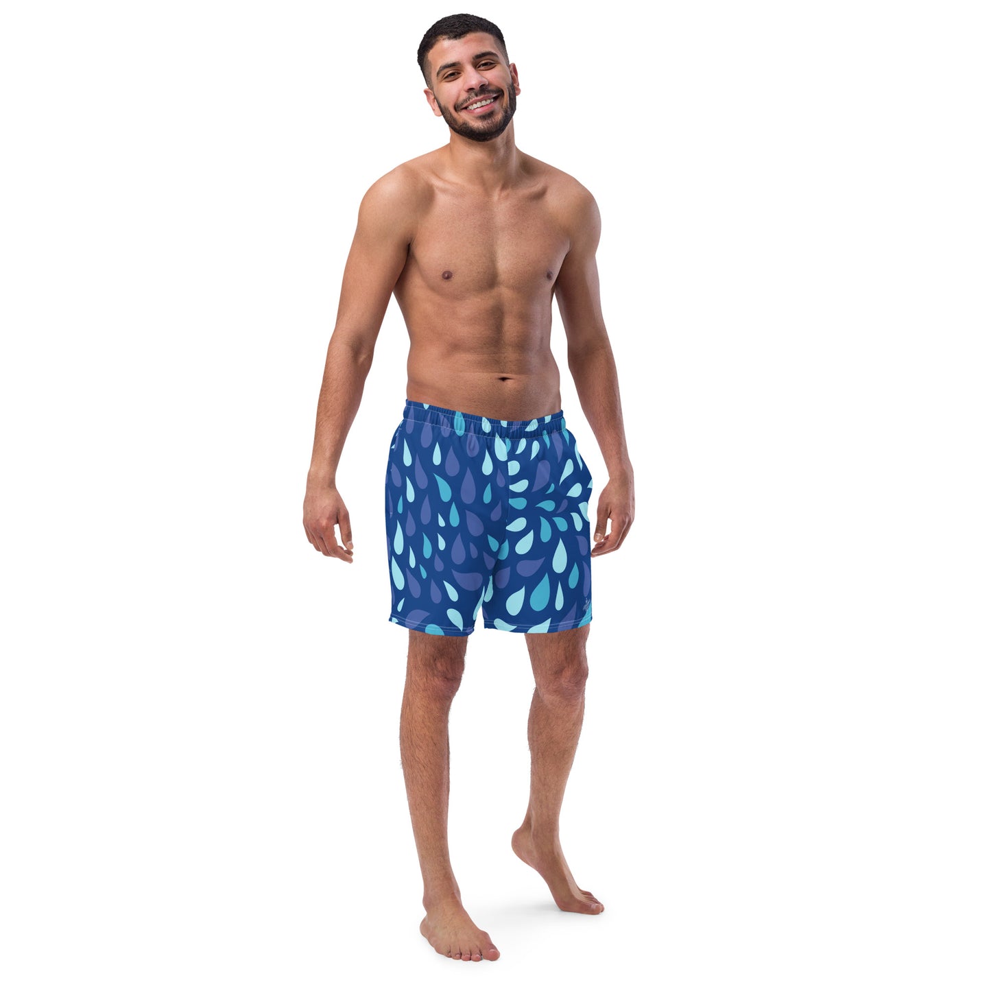 Men's Navy and Cyan "Raindrop" Print Swim Shorts – Tailored Mid-Short Swimsuit with Retro-Modern Graphic Print - FelinDesign