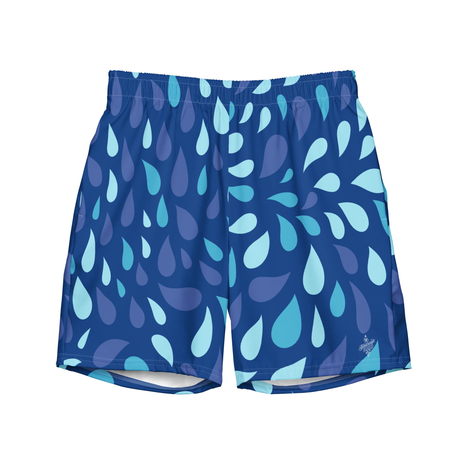 Men's Navy and Cyan "Raindrop" Print Swim Shorts – Tailored Mid-Short Swimsuit with Retro-Modern Graphic Print - FelinDesign