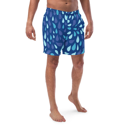 Men's Navy and Cyan "Raindrop" Print Swim Shorts – Tailored Mid-Short Swimsuit with Retro-Modern Graphic Print - FelinDesign