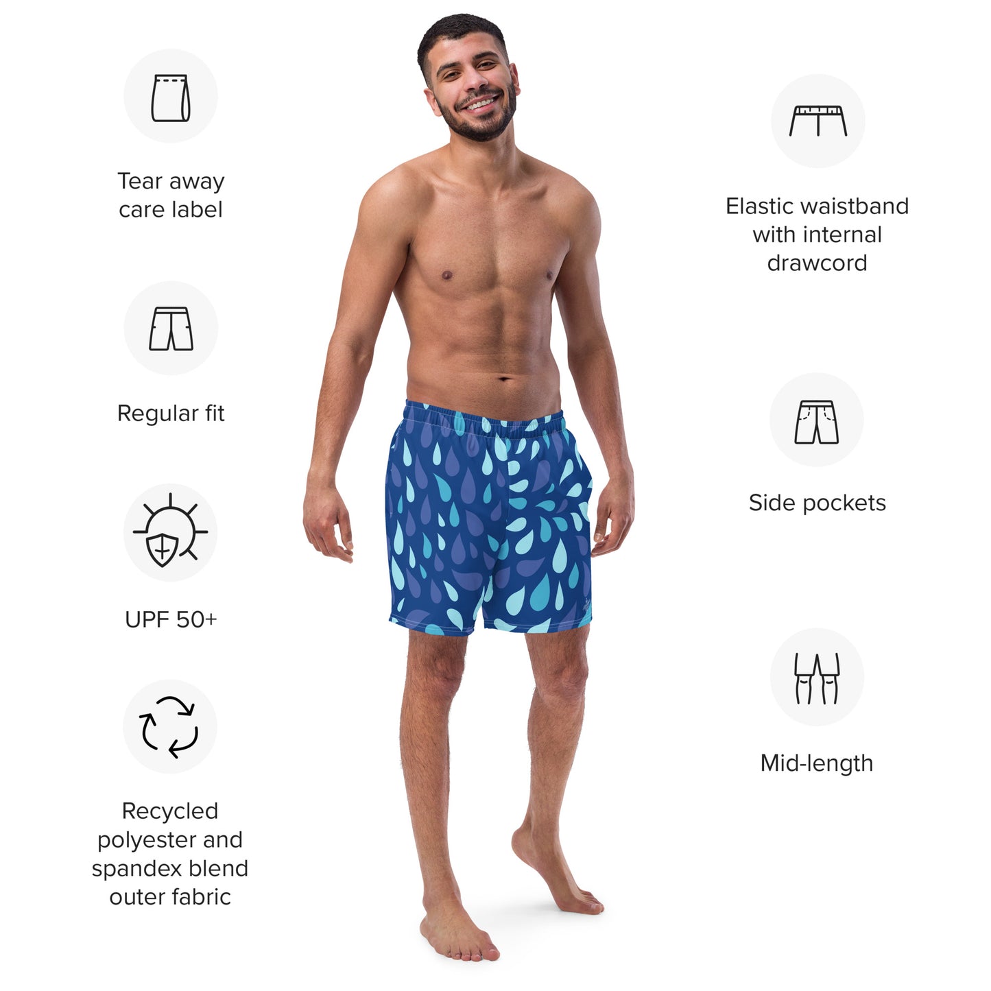 Men's Navy and Cyan "Raindrop" Print Swim Shorts – Tailored Mid-Short Swimsuit with Retro-Modern Graphic Print - FelinDesign