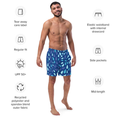 Men's Navy and Cyan "Raindrop" Print Swim Shorts – Tailored Mid-Short Swimsuit with Retro-Modern Graphic Print - FelinDesign