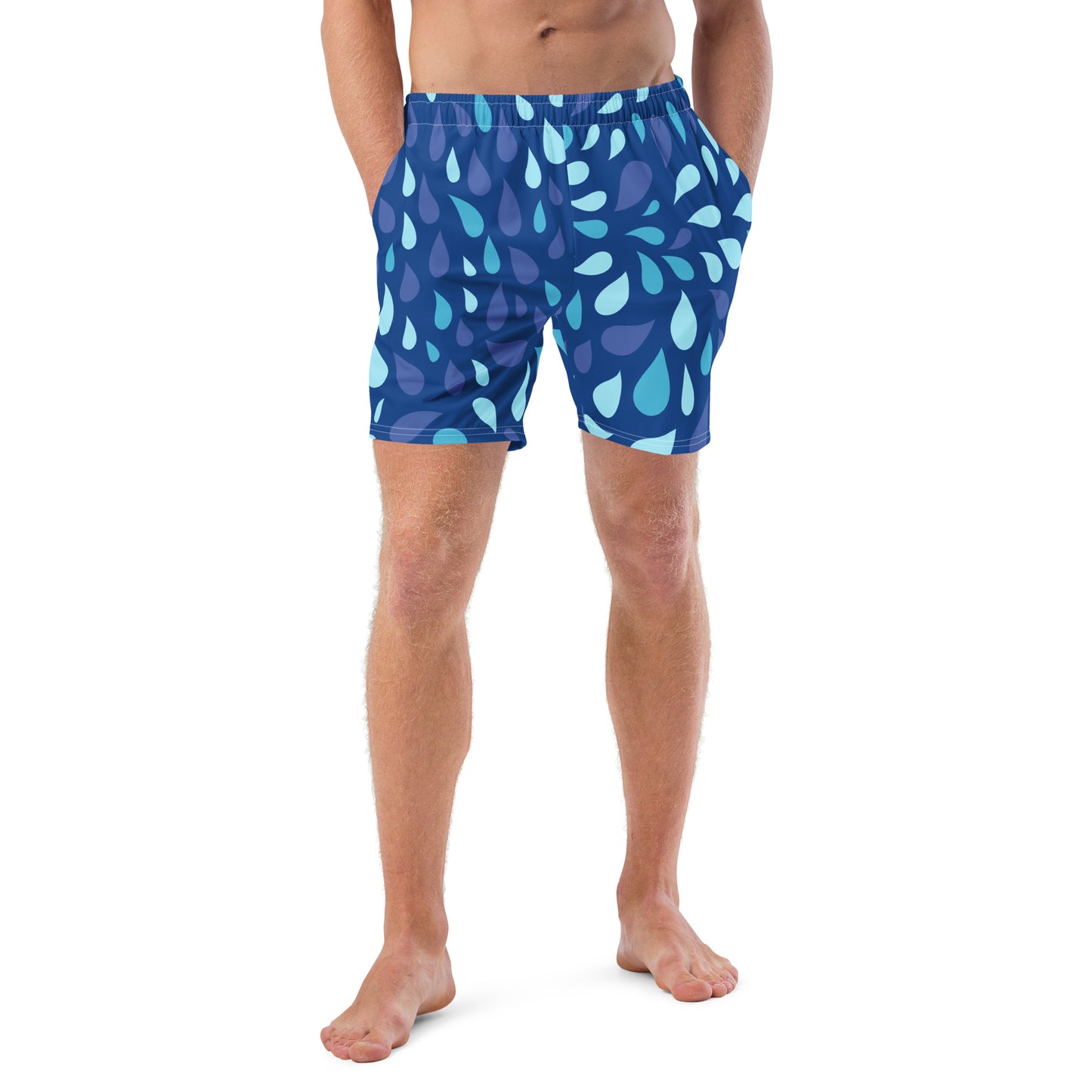 Men's Navy and Cyan "Raindrop" Print Swim Shorts – Tailored Mid-Short Swimsuit with Retro-Modern Graphic Print - FelinDesign
