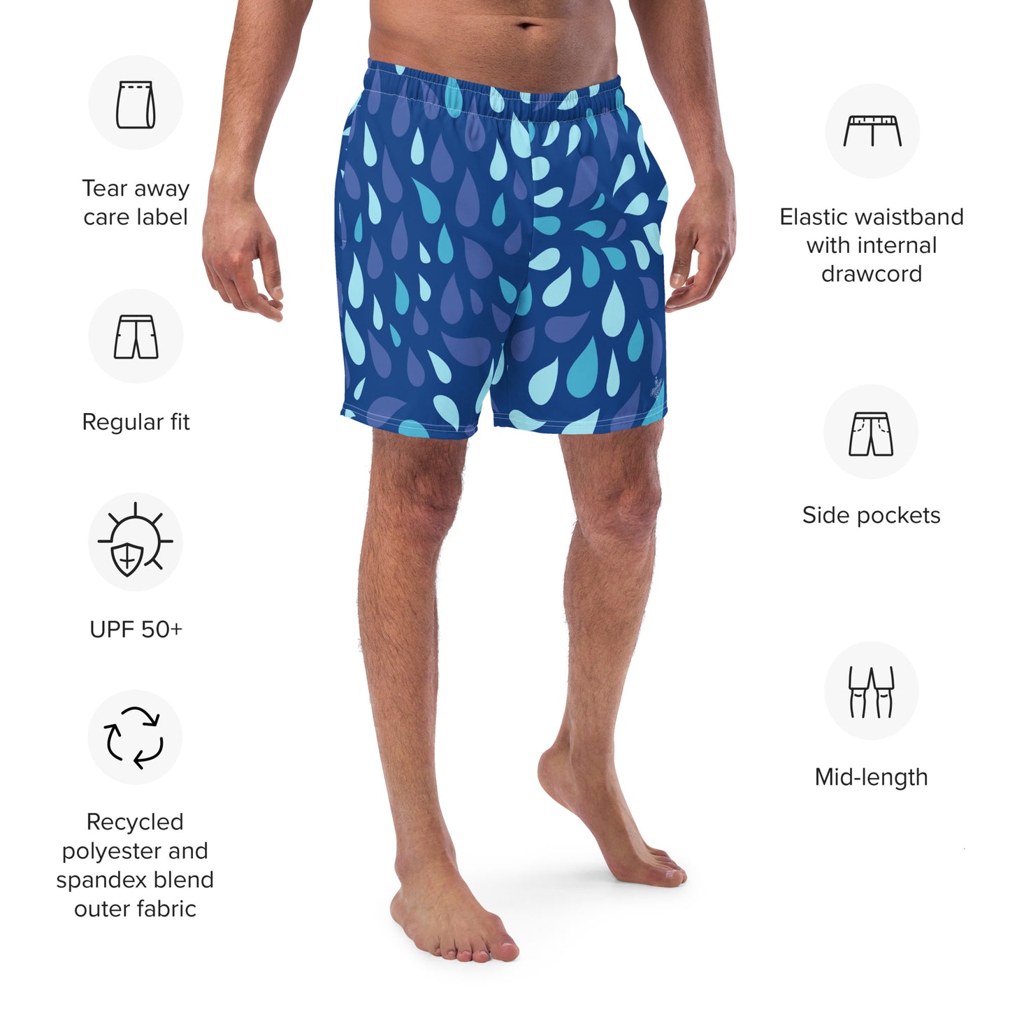 Men's Navy and Cyan "Raindrop" Print Swim Shorts – Tailored Mid-Short Swimsuit with Retro-Modern Graphic Print - FelinDesign