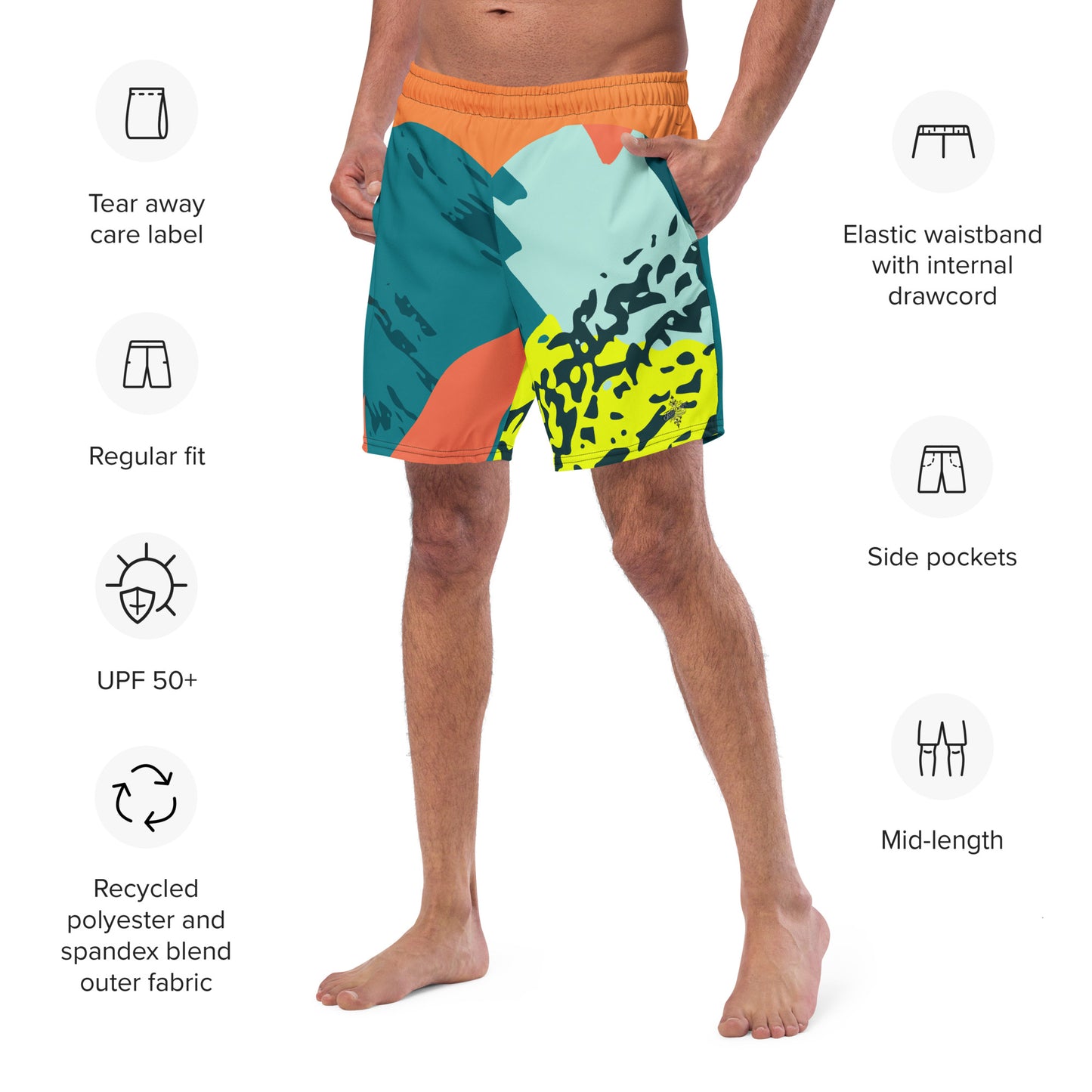 Recycled Swim Trunks FelinDesigns Multicolored Artistic Swimsuit with Geometric Pattern and Brush Strokes, Unique Urban Streetwear Design. - FelinDesign