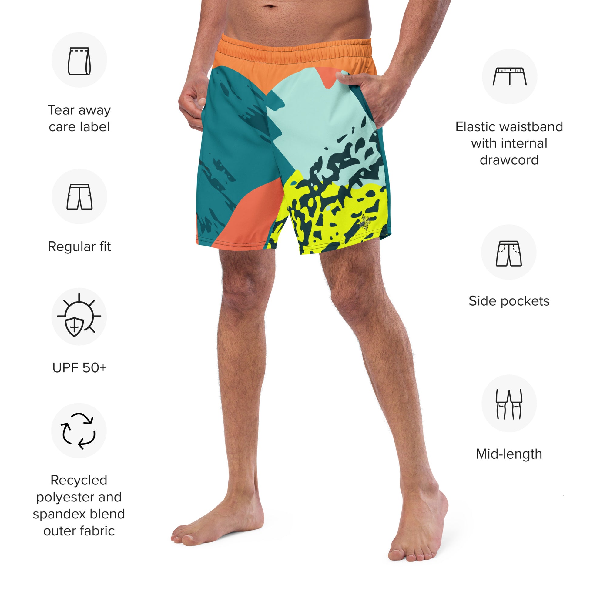 Recycled Swim Trunks FelinDesigns Multicolored Artistic Swimsuit with Geometric Pattern and Brush Strokes, Unique Urban Streetwear Design. - FelinDesign
