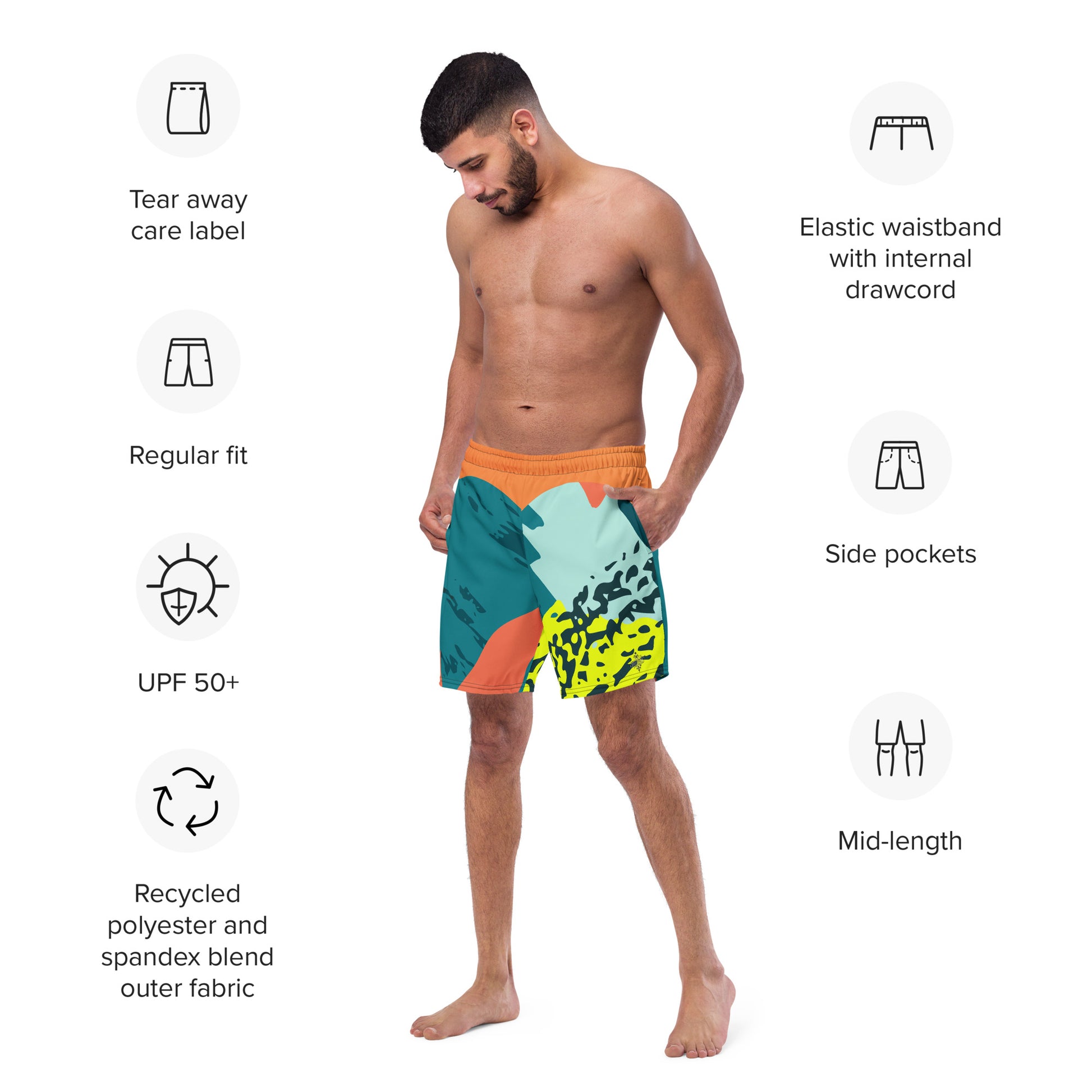 Recycled Swim Trunks FelinDesigns Multicolored Artistic Swimsuit with Geometric Pattern and Brush Strokes, Unique Urban Streetwear Design. - FelinDesign