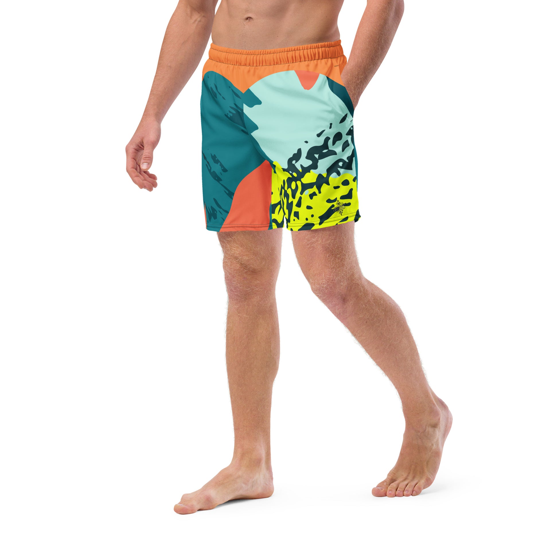Recycled Swim Trunks FelinDesigns Multicolored Artistic Swimsuit with Geometric Pattern and Brush Strokes, Unique Urban Streetwear Design. - FelinDesign
