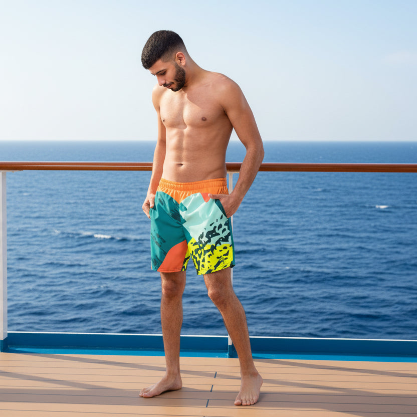 Recycled Swim Trunks FelinDesigns Multicolored Artistic Swimsuit with Geometric Pattern and Brush Strokes, Unique Urban Streetwear Design. - FelinDesign