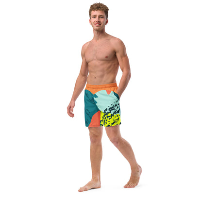 Recycled Swim Trunks FelinDesigns Multicolored Artistic Swimsuit with Geometric Pattern and Brush Strokes, Unique Urban Streetwear Design. - FelinDesign