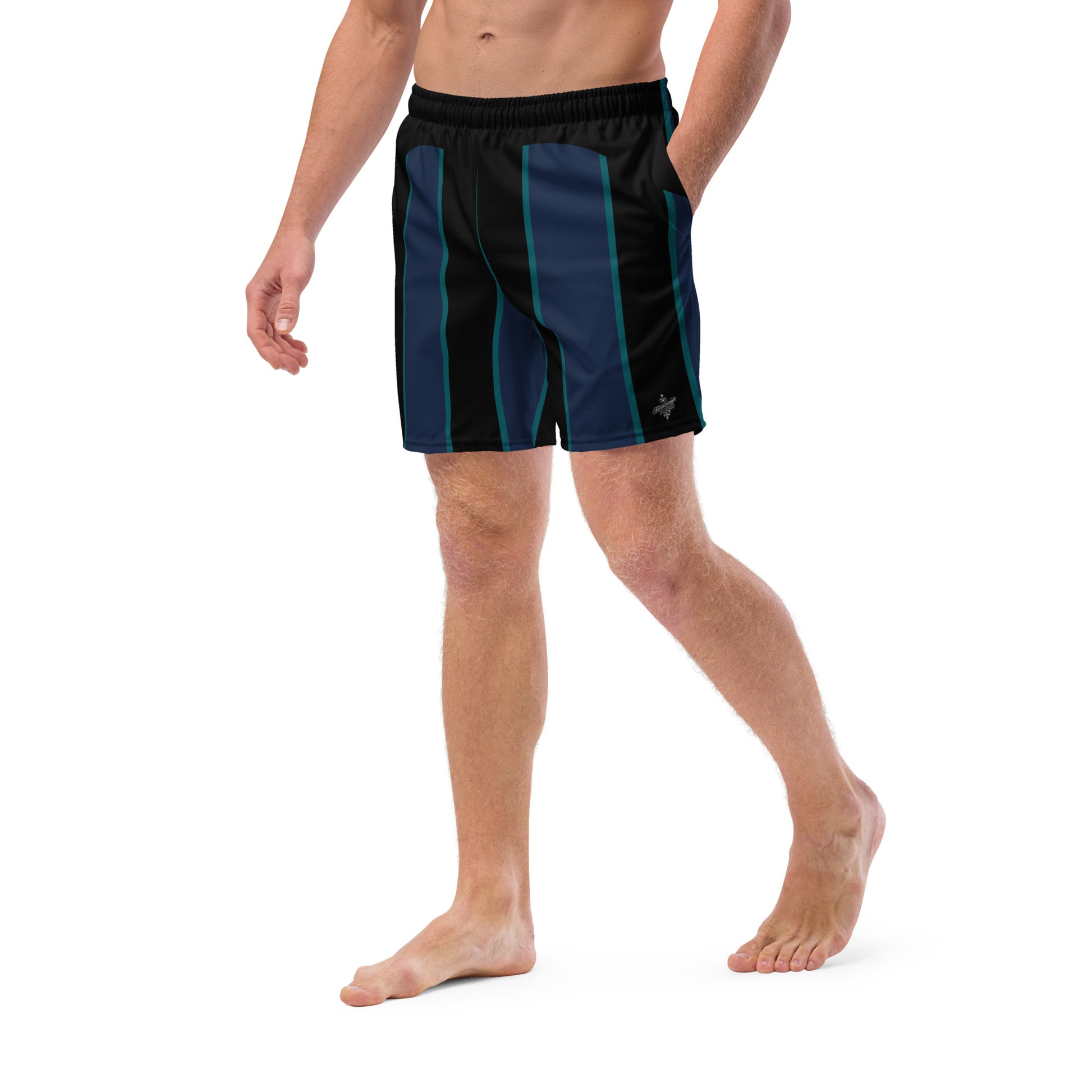 "Midnight Stripes" Swimsuit - Elegant Boardshorts with Teal and Blue Vertical Stripes - Minimal and Sporty Design. - FelinDesign