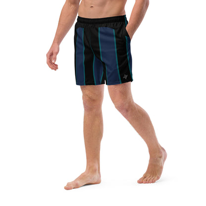 "Midnight Stripes" Swimsuit - Elegant Boardshorts with Teal and Blue Vertical Stripes - Minimal and Sporty Design. - FelinDesign