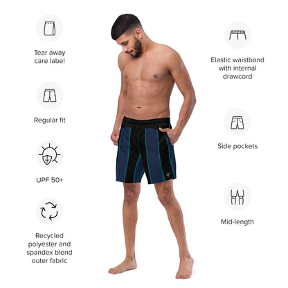 "Midnight Stripes" Swimsuit - Elegant Boardshorts with Teal and Blue Vertical Stripes - Minimal and Sporty Design. - FelinDesign