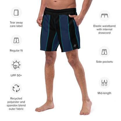 "Midnight Stripes" Swimsuit - Elegant Boardshorts with Teal and Blue Vertical Stripes - Minimal and Sporty Design. - FelinDesign