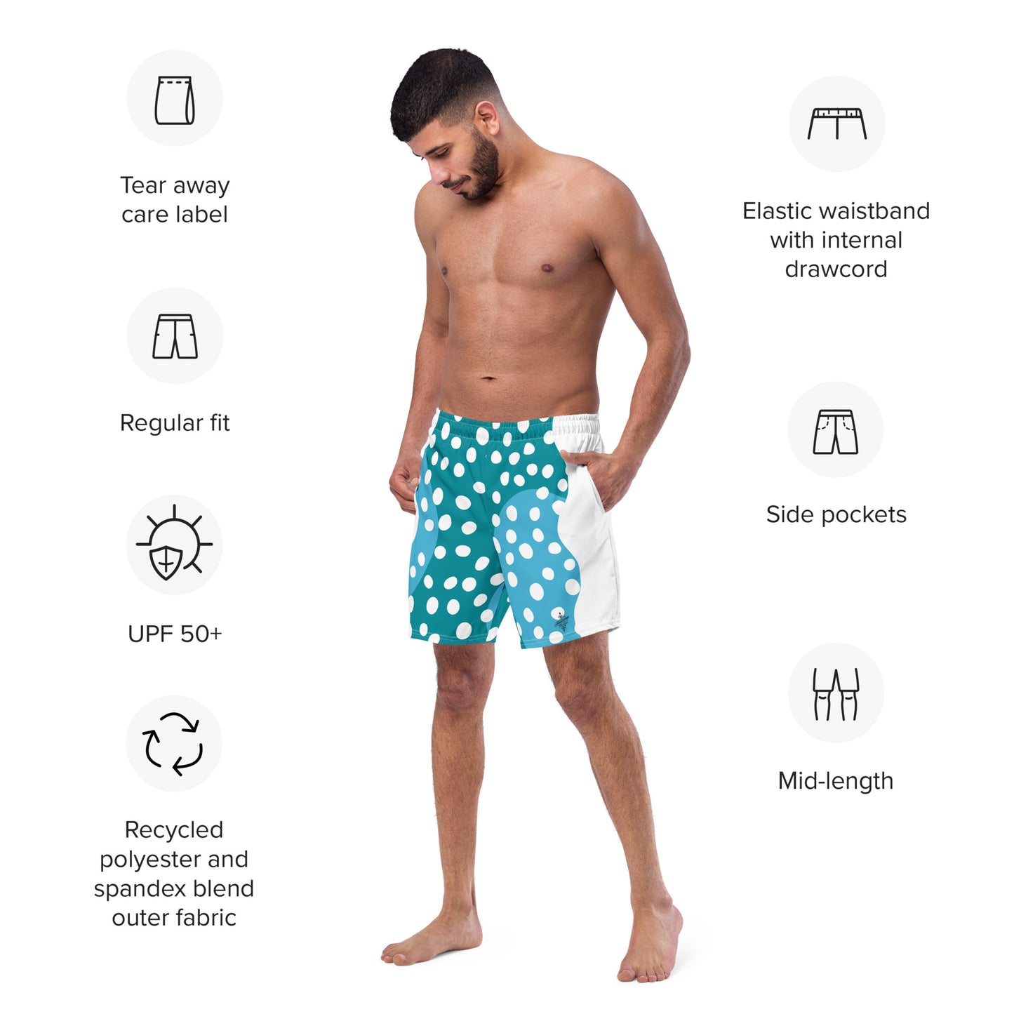 Recycled Swim Trunks "Aqua Dots"Turquoise with white dots FelinDesign - FelinDesign