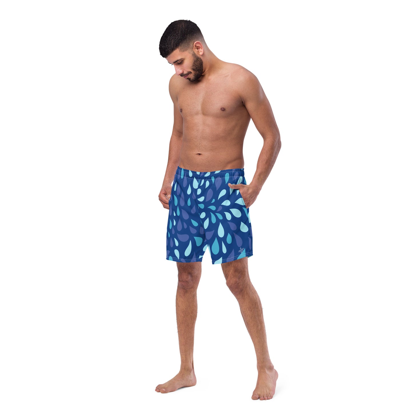 Men's Navy and Cyan "Raindrop" Print Swim Shorts – Tailored Mid-Short Swimsuit with Retro-Modern Graphic Print - FelinDesign