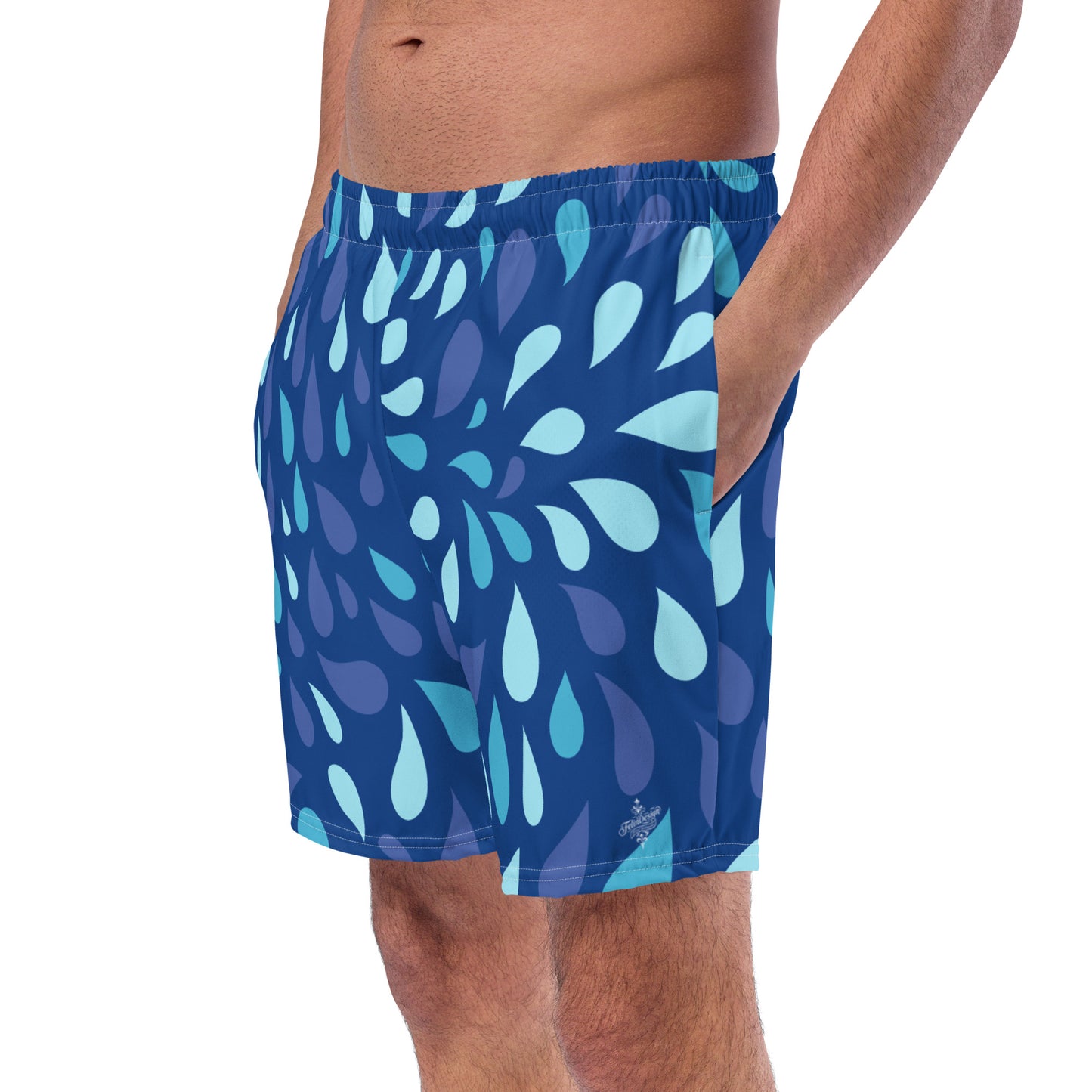 Men's Navy and Cyan "Raindrop" Print Swim Shorts – Tailored Mid-Short Swimsuit with Retro-Modern Graphic Print - FelinDesign