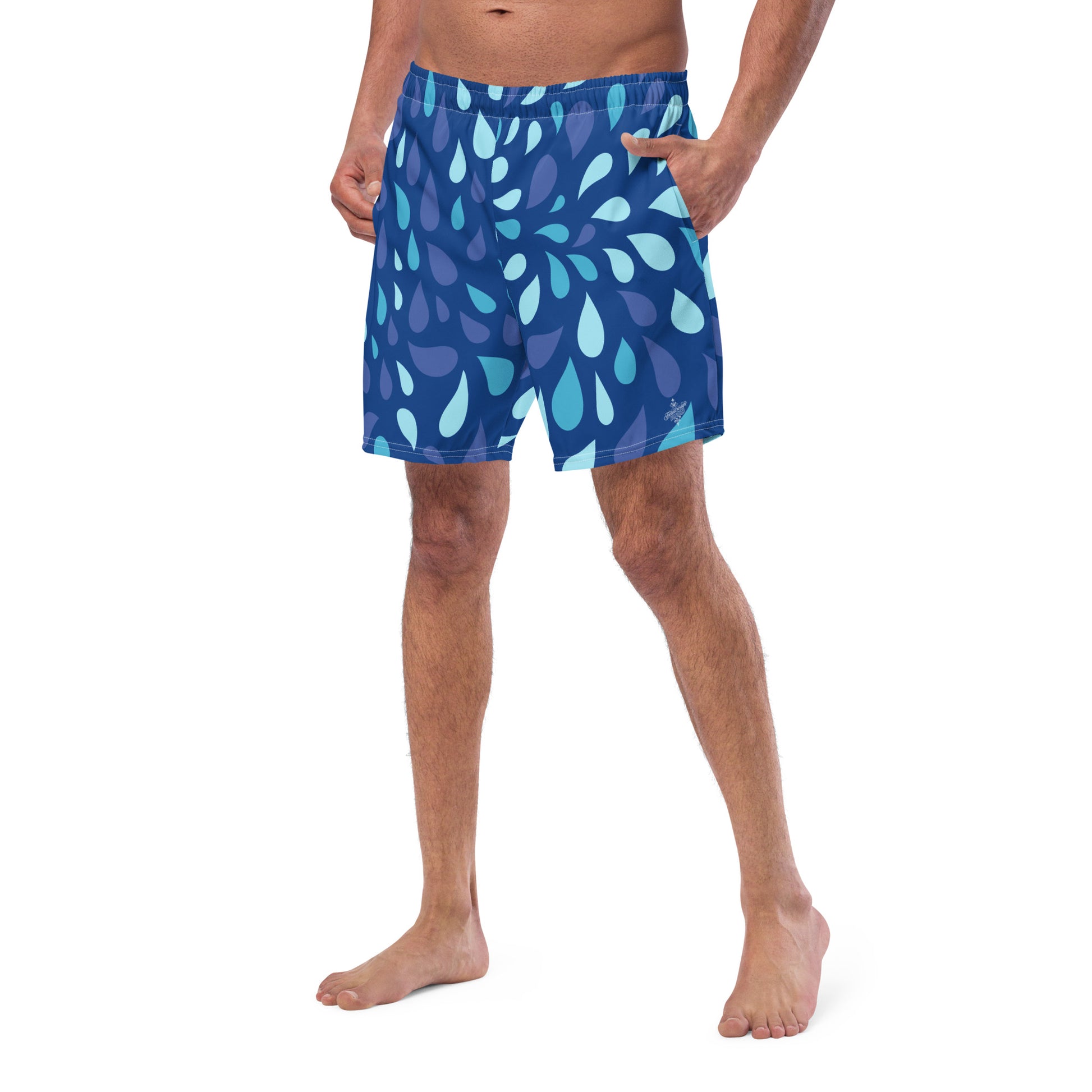 Men's Navy and Cyan "Raindrop" Print Swim Shorts – Tailored Mid-Short Swimsuit with Retro-Modern Graphic Print - FelinDesign