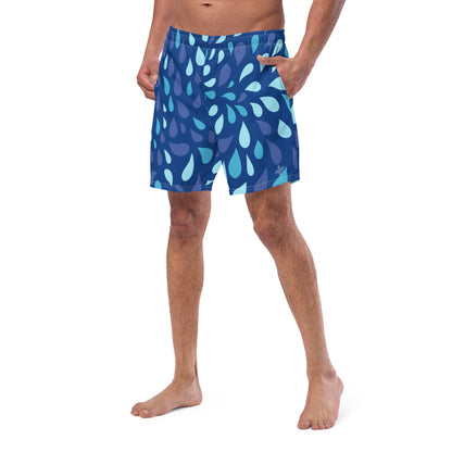 Men's Navy and Cyan "Raindrop" Print Swim Shorts – Tailored Mid-Short Swimsuit with Retro-Modern Graphic Print - FelinDesign