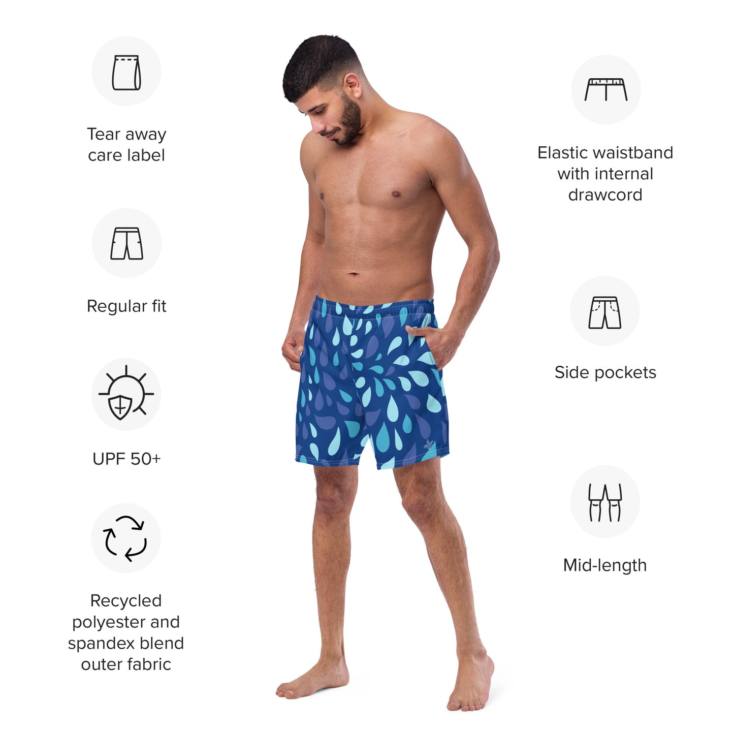 Men's Navy and Cyan "Raindrop" Print Swim Shorts – Tailored Mid-Short Swimsuit with Retro-Modern Graphic Print - FelinDesign