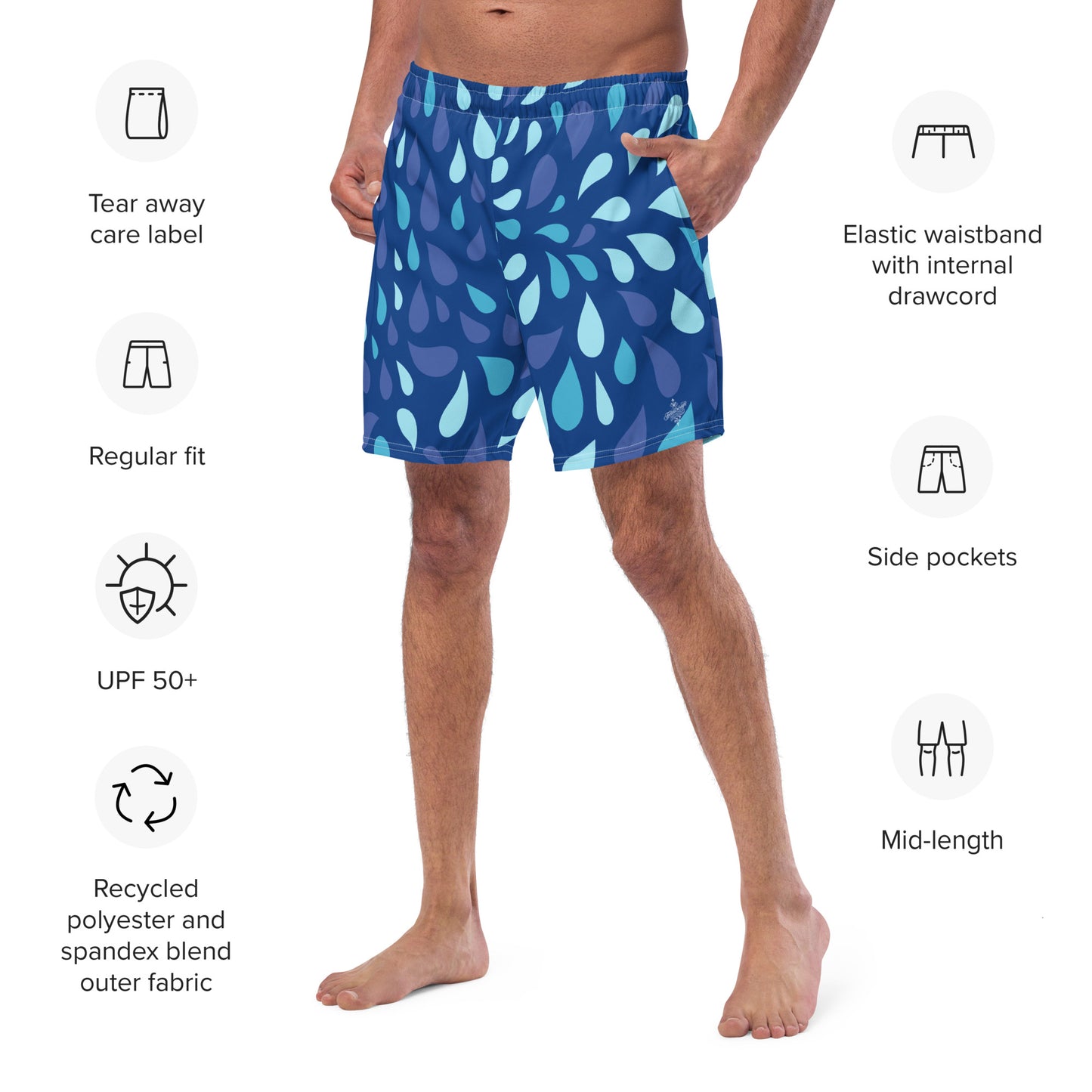 Men's Navy and Cyan "Raindrop" Print Swim Shorts – Tailored Mid-Short Swimsuit with Retro-Modern Graphic Print - FelinDesign