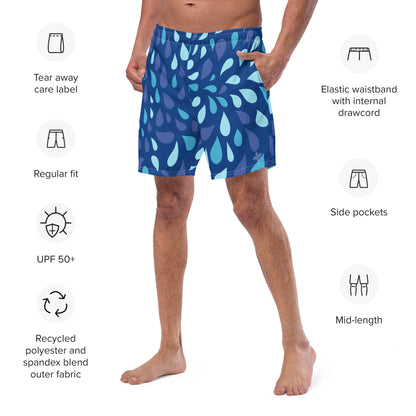 Men's Navy and Cyan "Raindrop" Print Swim Shorts – Tailored Mid-Short Swimsuit with Retro-Modern Graphic Print - FelinDesign