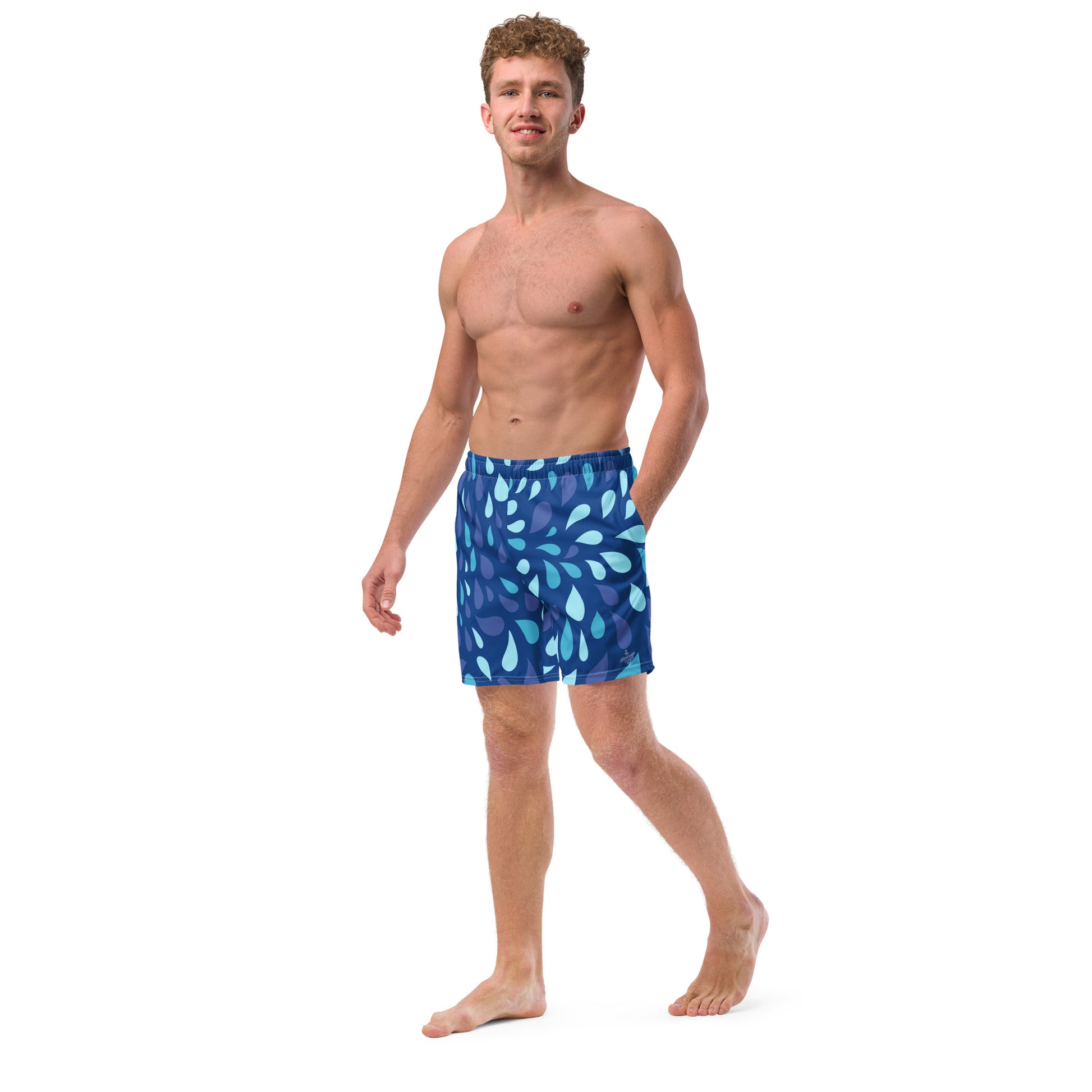 Men's Navy and Cyan "Raindrop" Print Swim Shorts – Tailored Mid-Short Swimsuit with Retro-Modern Graphic Print - FelinDesign