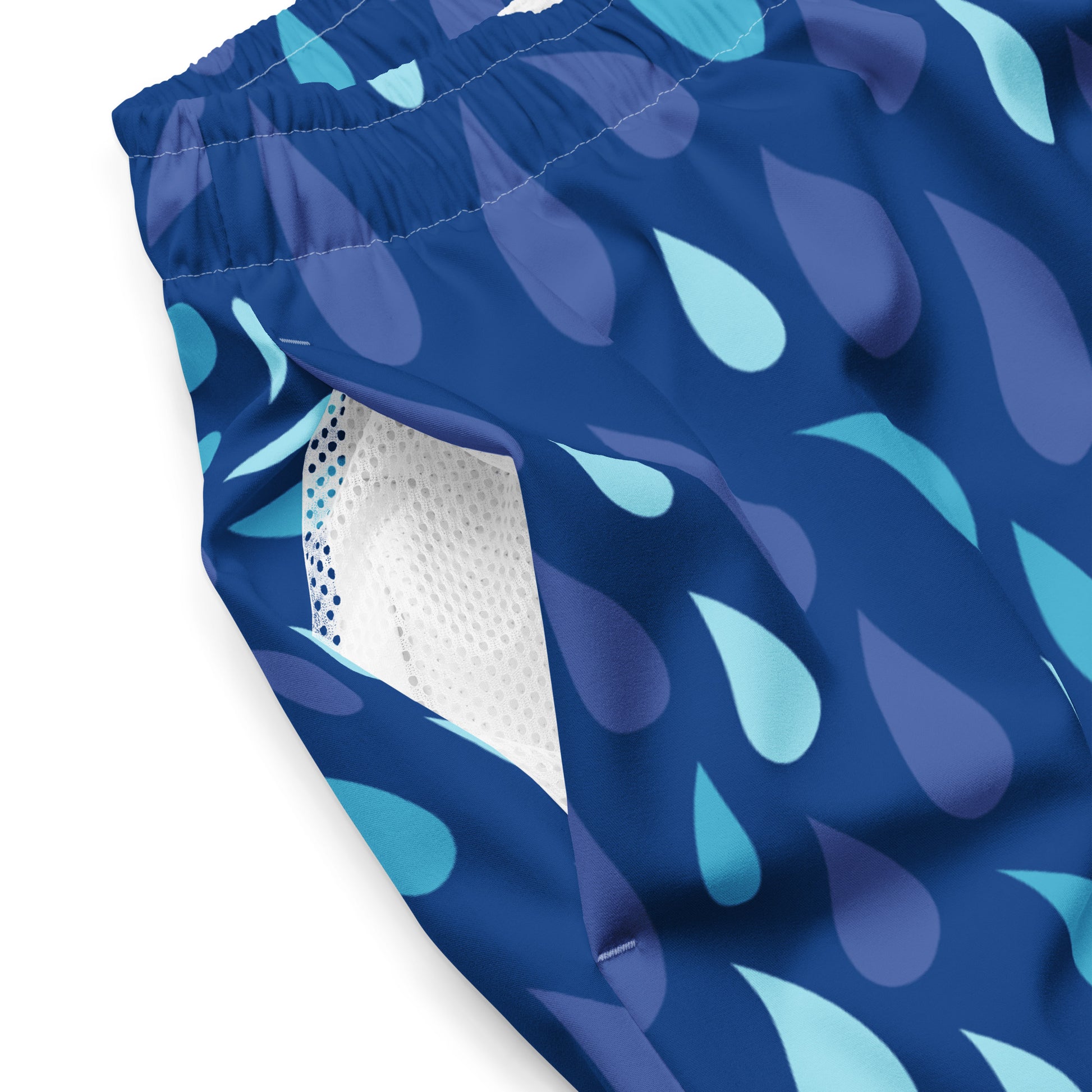 Men's Navy and Cyan "Raindrop" Print Swim Shorts – Tailored Mid-Short Swimsuit with Retro-Modern Graphic Print - FelinDesign