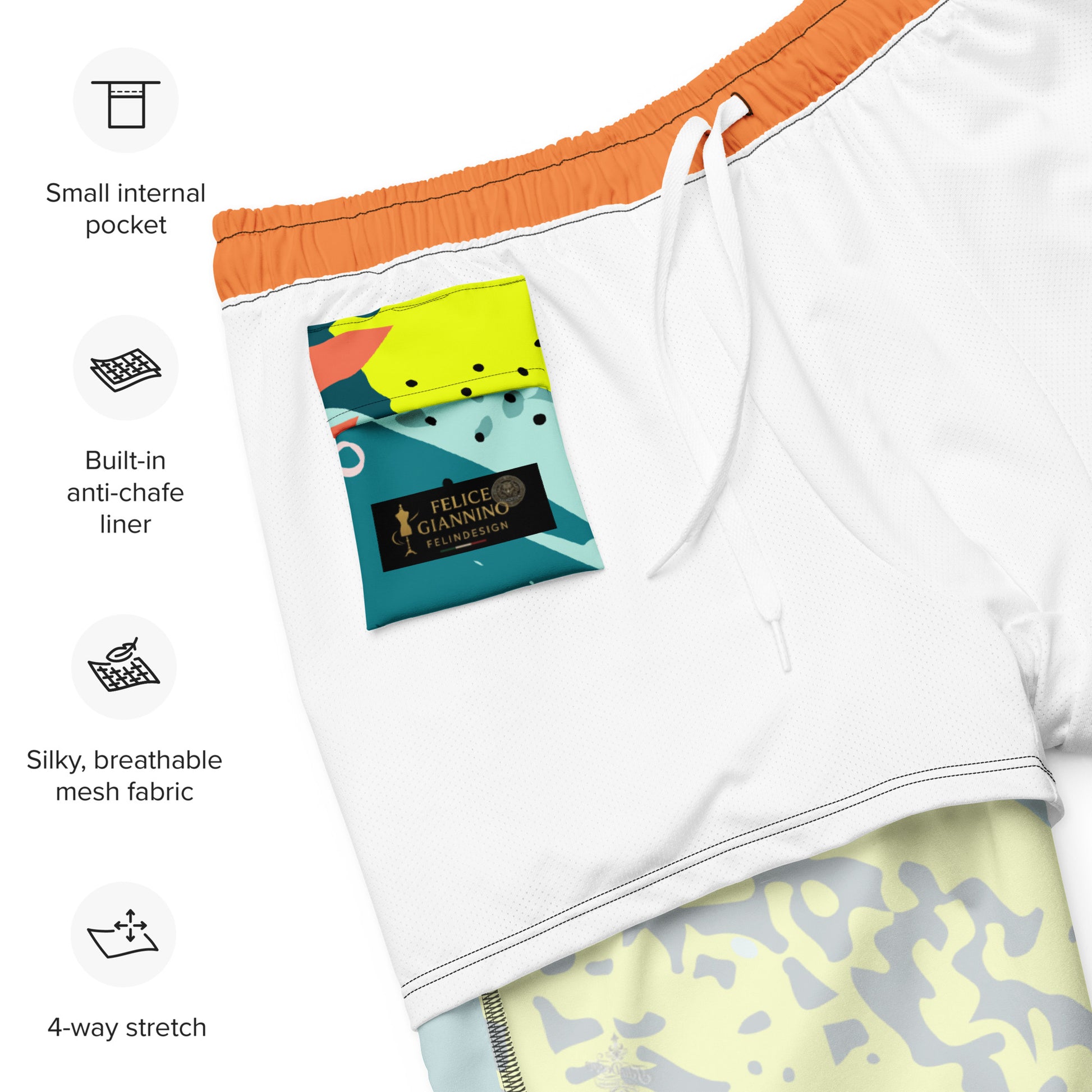 Recycled Swim Trunks FelinDesigns Multicolored Artistic Swimsuit with Geometric Pattern and Brush Strokes, Unique Urban Streetwear Design. - FelinDesign