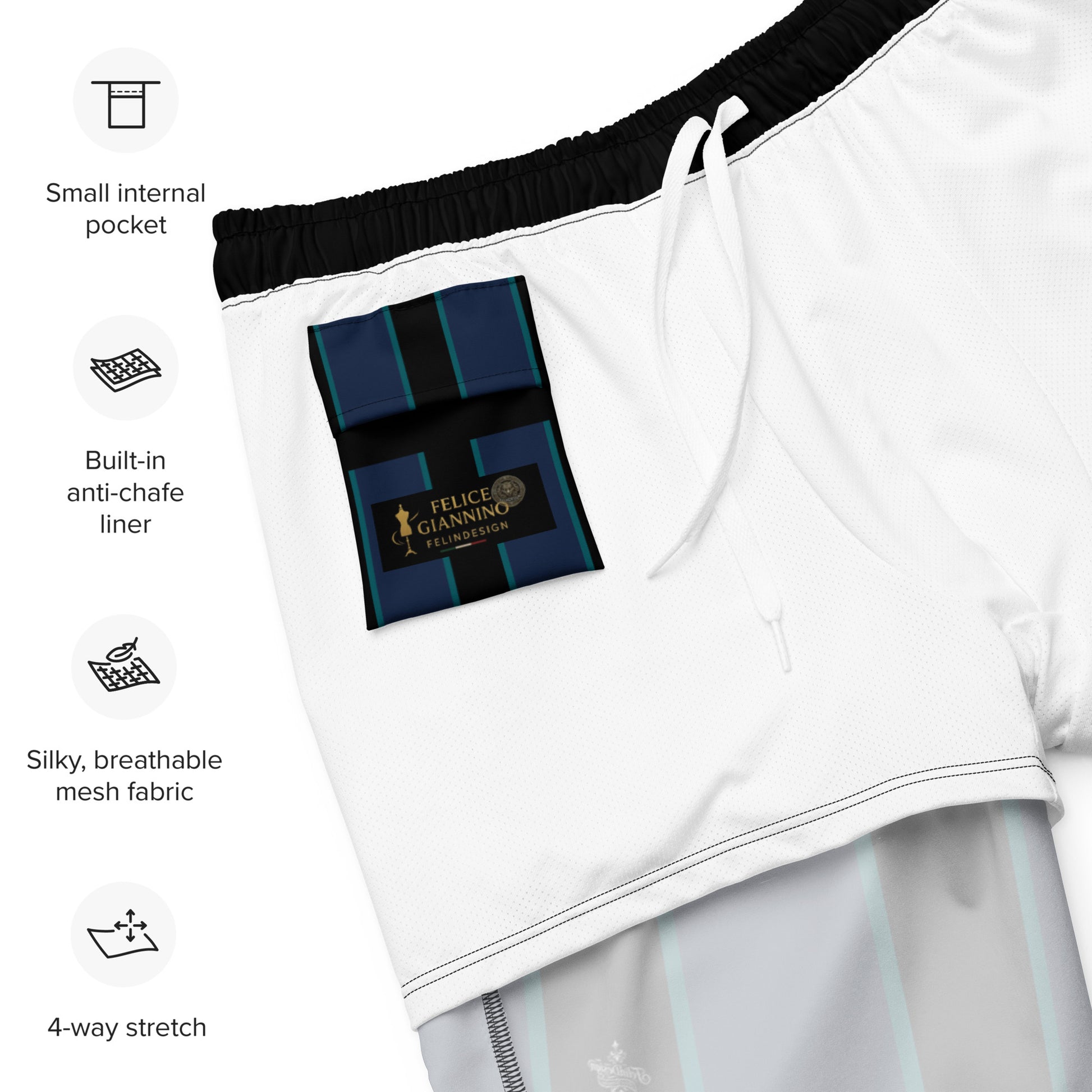 "Midnight Stripes" Swimsuit - Elegant Boardshorts with Teal and Blue Vertical Stripes - Minimal and Sporty Design. - FelinDesign