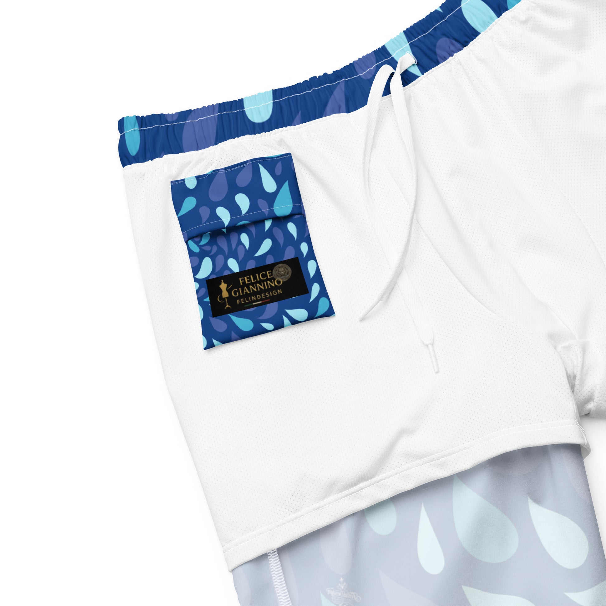 Men's Navy and Cyan "Raindrop" Print Swim Shorts – Tailored Mid-Short Swimsuit with Retro-Modern Graphic Print - FelinDesign