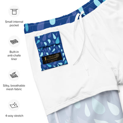 Men's Navy and Cyan "Raindrop" Print Swim Shorts – Tailored Mid-Short Swimsuit with Retro-Modern Graphic Print - FelinDesign