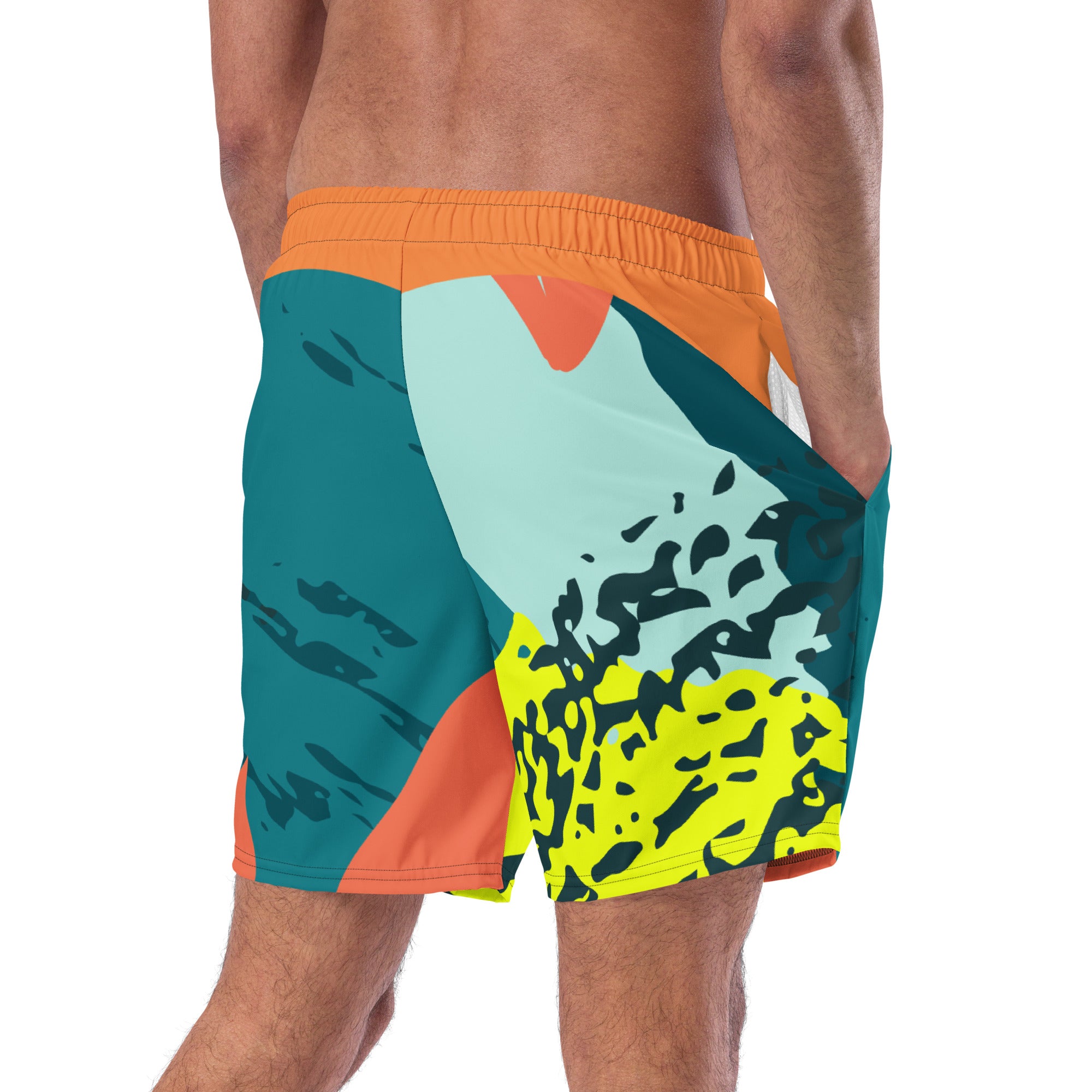 Recycled Swim Trunks FelinDesigns Multicolored Artistic Swimsuit with Geometric Pattern and Brush Strokes, Unique Urban Streetwear Design. - FelinDesign