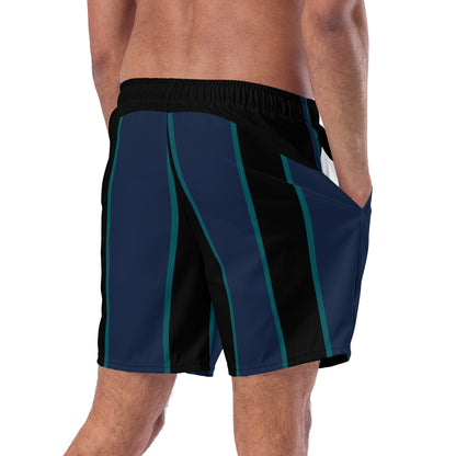 "Midnight Stripes" Swimsuit - Elegant Boardshorts with Teal and Blue Vertical Stripes - Minimal and Sporty Design. - FelinDesign
