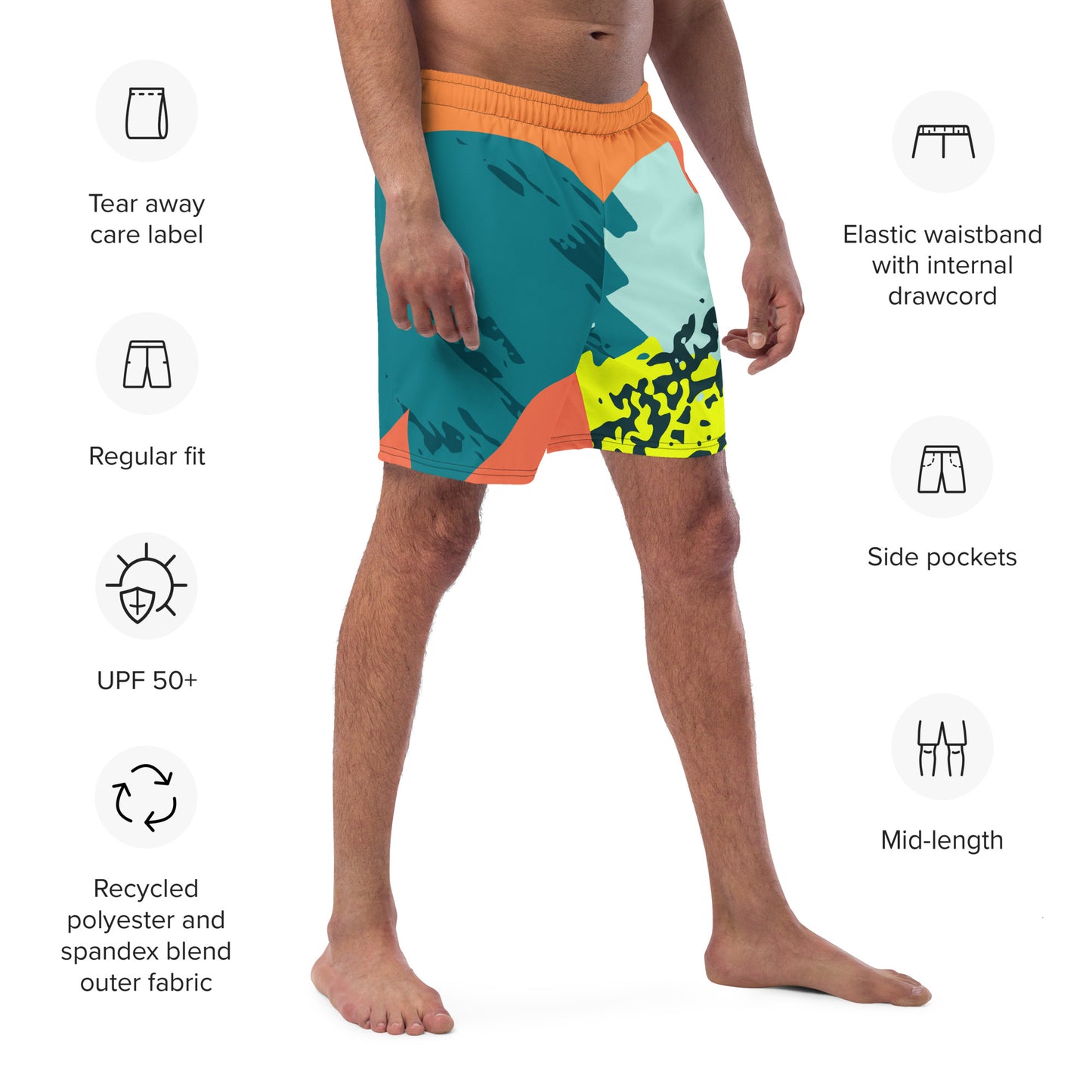 Recycled Swim Trunks FelinDesigns Multicolored Artistic Swimsuit with Geometric Pattern and Brush Strokes, Unique Urban Streetwear Design. - FelinDesign