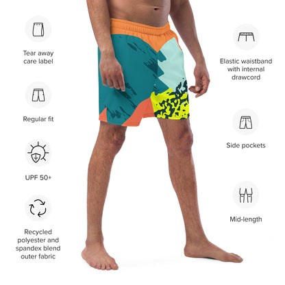 Recycled Swim Trunks FelinDesigns Multicolored Artistic Swimsuit with Geometric Pattern and Brush Strokes, Unique Urban Streetwear Design. - FelinDesign