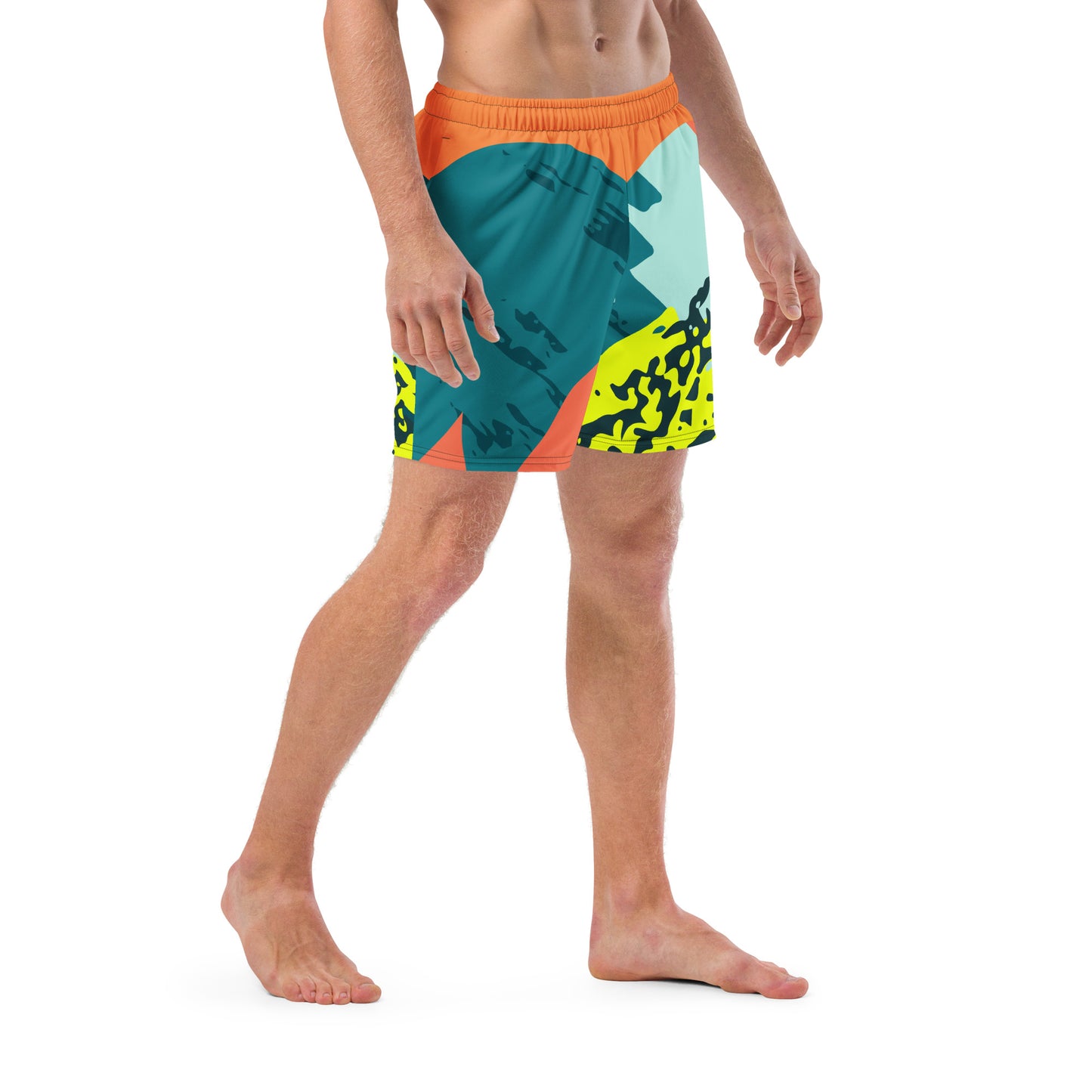 Recycled Swim Trunks FelinDesigns Multicolored Artistic Swimsuit with Geometric Pattern and Brush Strokes, Unique Urban Streetwear Design. - FelinDesign