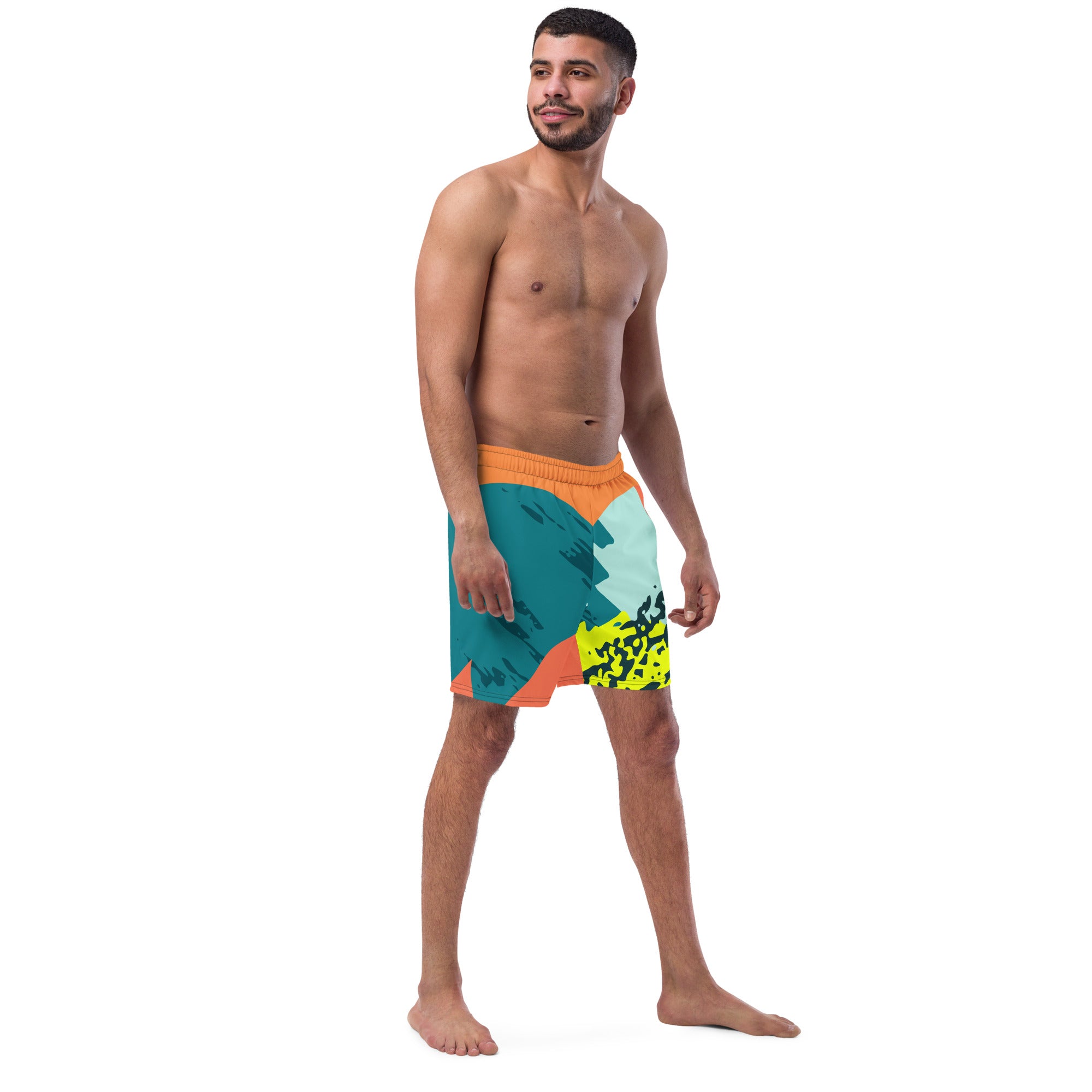 Recycled Swim Trunks FelinDesigns Multicolored Artistic Swimsuit with Geometric Pattern and Brush Strokes, Unique Urban Streetwear Design. - FelinDesign