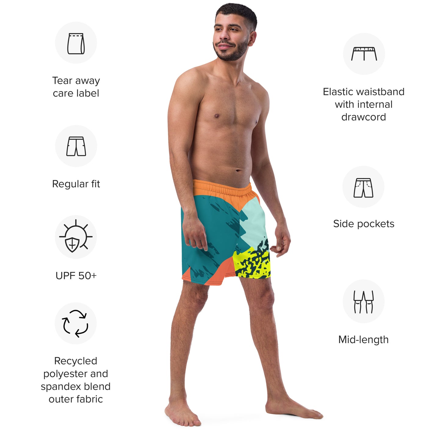 Recycled Swim Trunks FelinDesigns Multicolored Artistic Swimsuit with Geometric Pattern and Brush Strokes, Unique Urban Streetwear Design. - FelinDesign