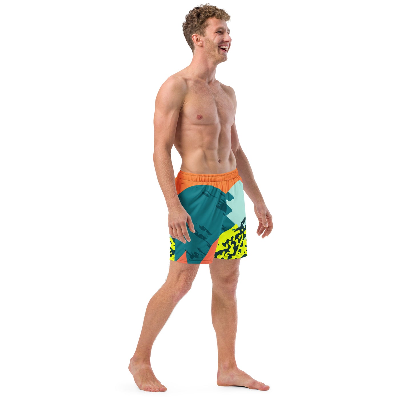 Recycled Swim Trunks FelinDesigns Multicolored Artistic Swimsuit with Geometric Pattern and Brush Strokes, Unique Urban Streetwear Design. - FelinDesign
